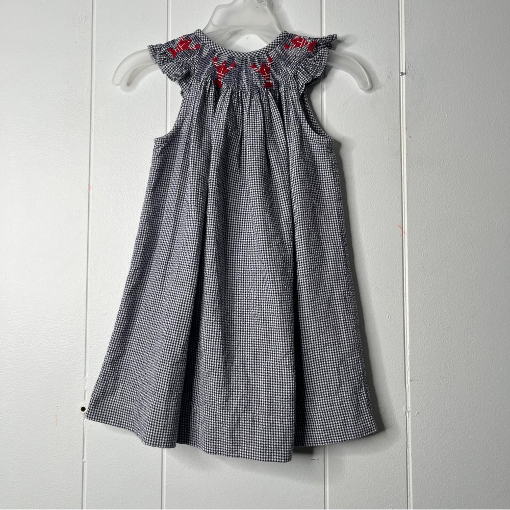 Silly Goose Hand Smocked White Navy Gingham Dress Lobster Nautical Summer 18M